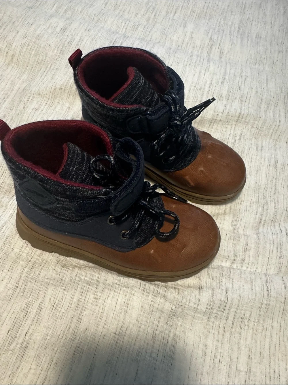 Carter's Brown and Navy Boys Lace-Up Winter Boots with Red Lining